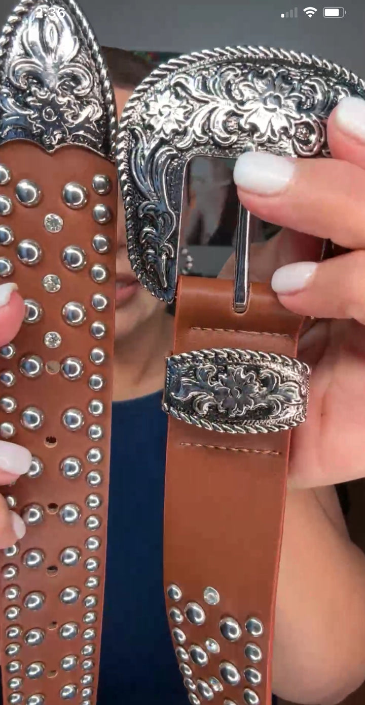 Cinto camel aplicacion plateadas rhinestones western (#134)