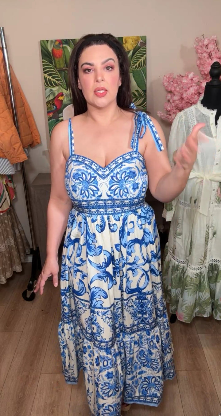 vestido azul y blanco Santorini maxi (#150)