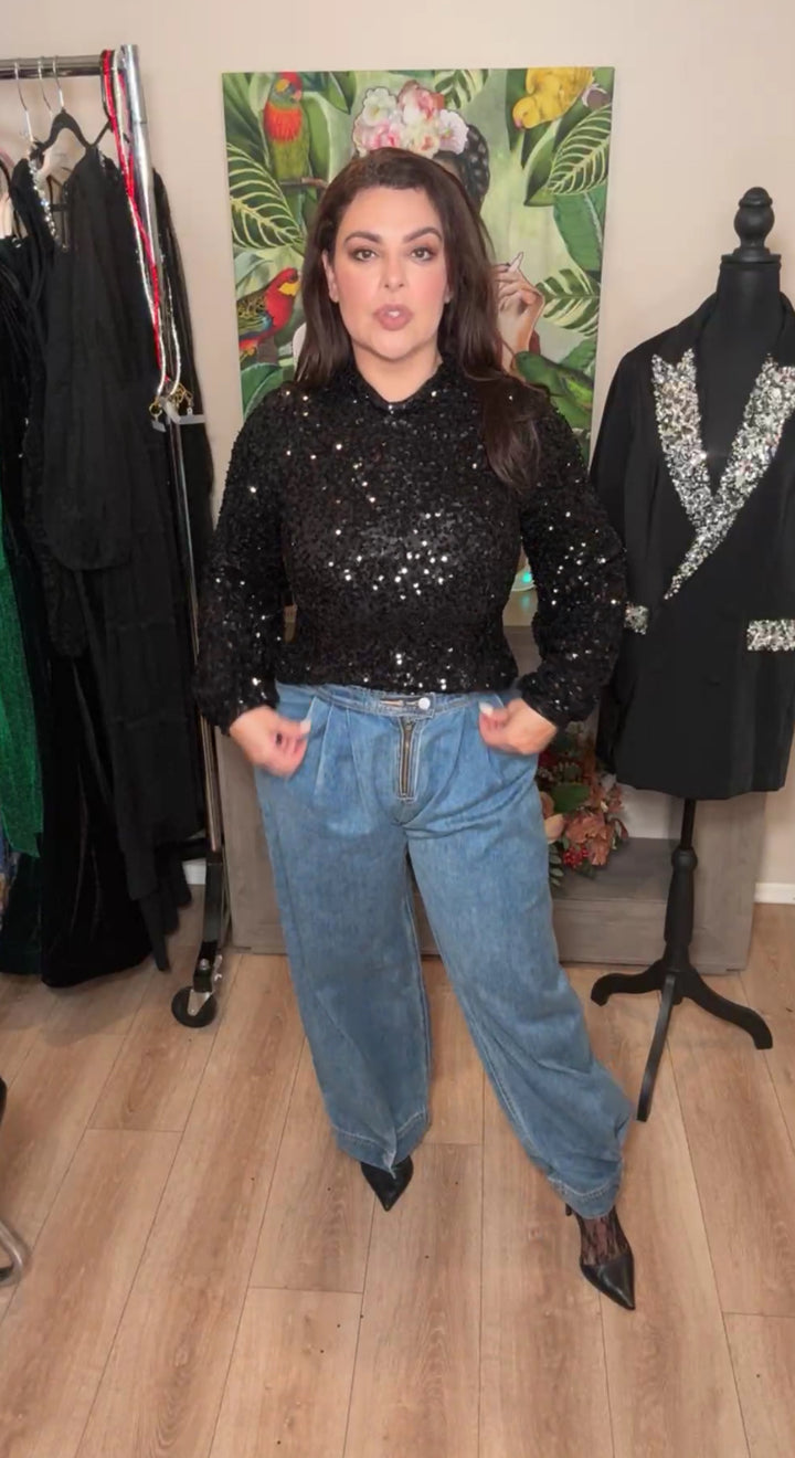 Blusa Negra Lentejuelas Manga Larga (#101)