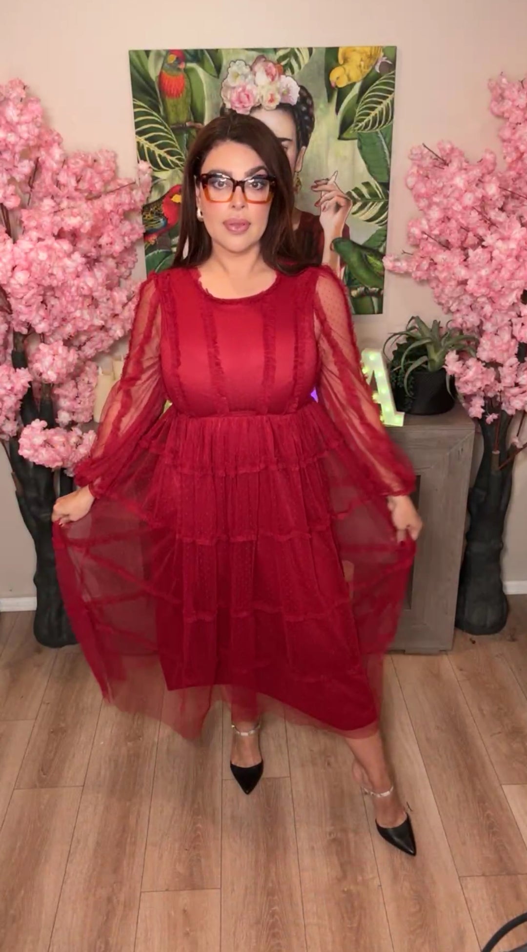 Vestido guinda tul y encaje manga larga corte princesa (#298)