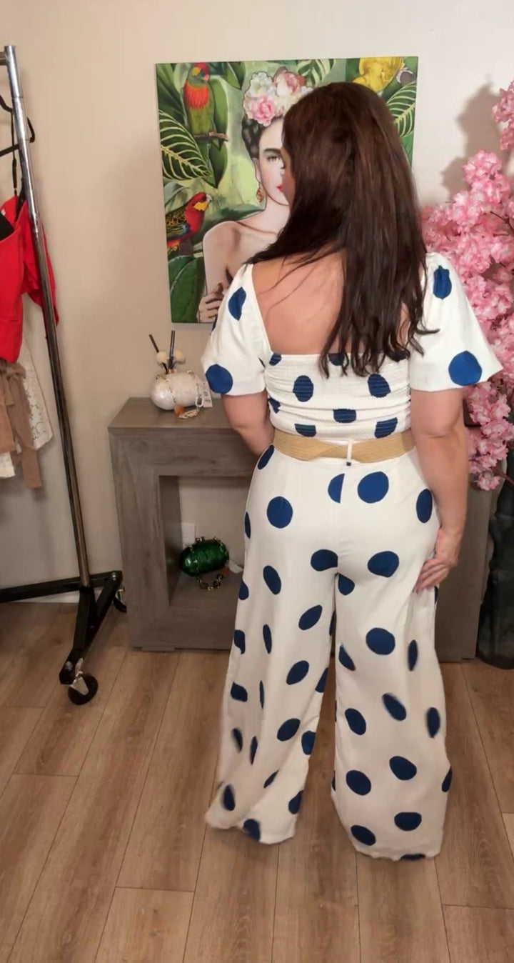 Set Beige Bolas Azul Top Y Palazzo Cinto Mocha Rafia (#118)