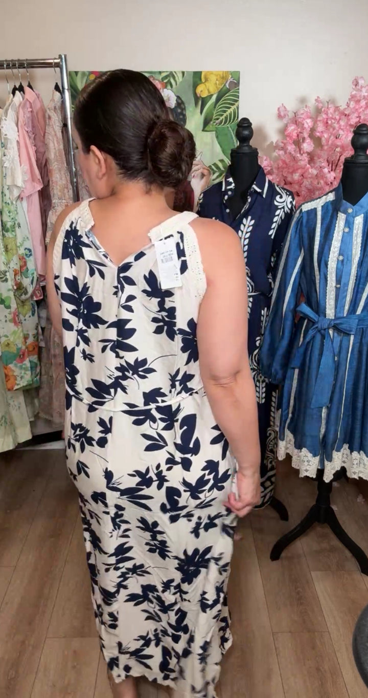Vestido azul y beige cuello crochet (