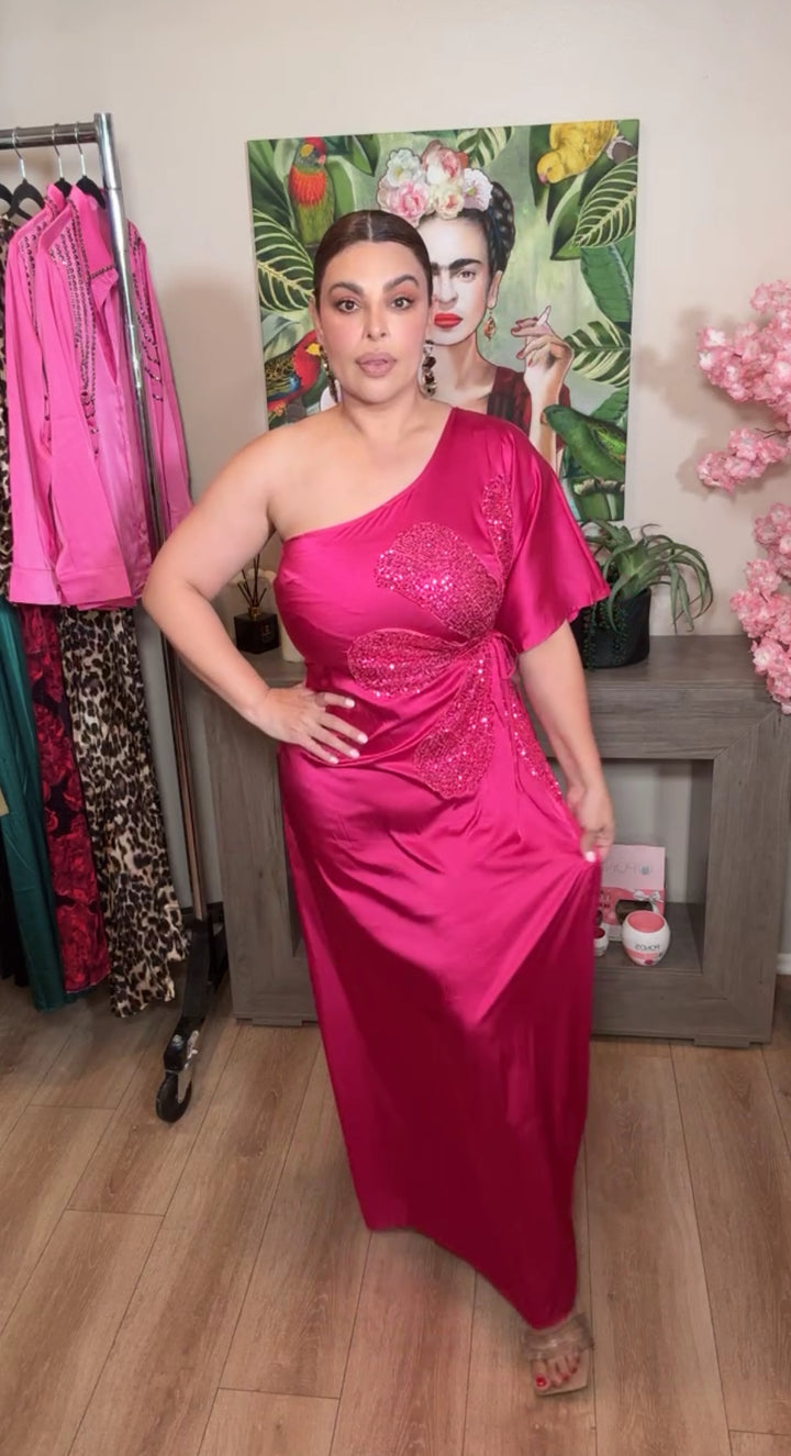 Vestido Magenta Satinado Una Manga Flor Lentejuela Maxi (#109)