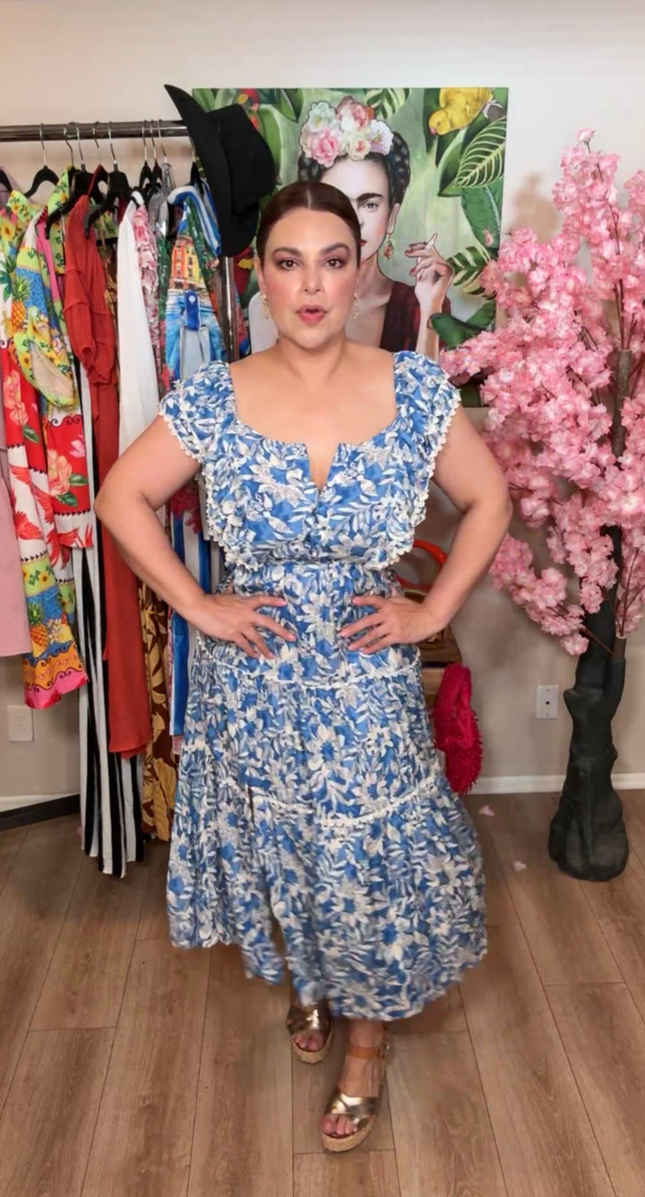 Vestido Azul y Blanco Florecitas Pechera (#139)
