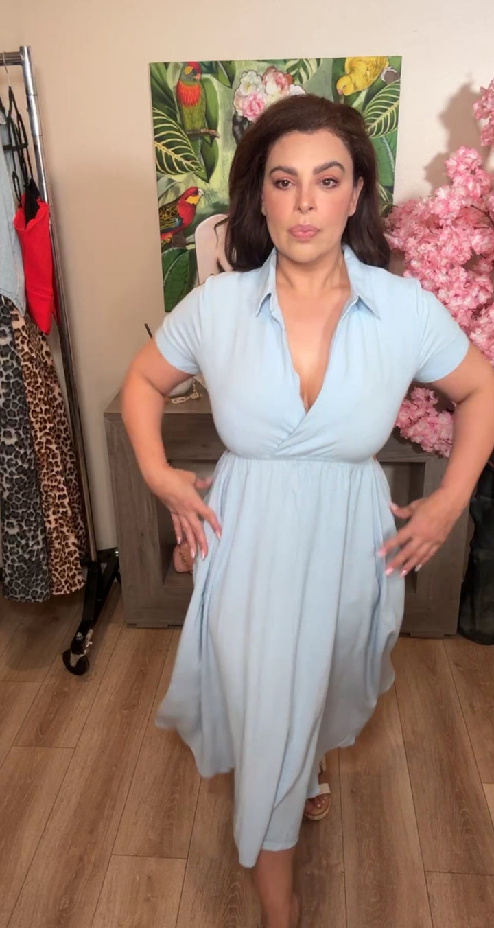 Vestido Azul Cielo Lino Y Rayon Circular Peekaboo Al Costado (#127)