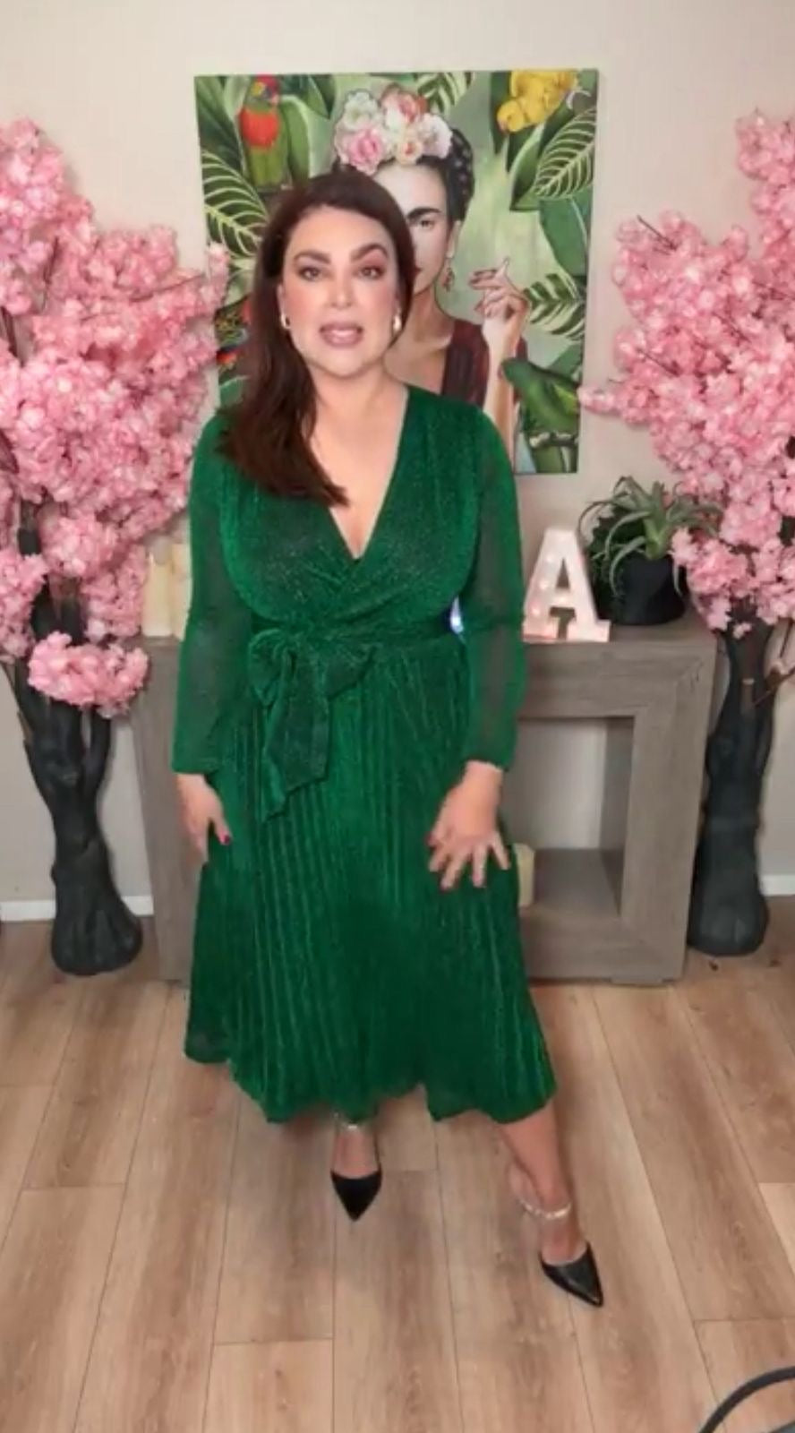 Vestido verde festivo falda plisada midi (#307)