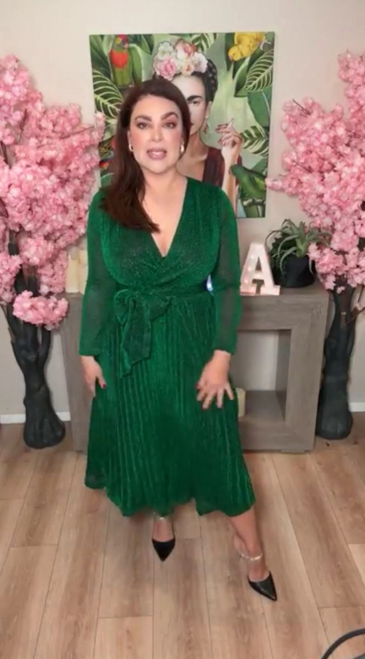 Vestido verde festivo falda plisada midi (#307)