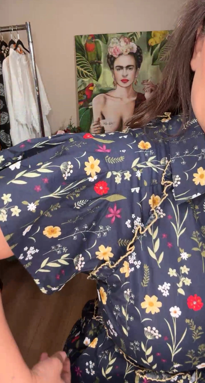 vestido azul marino flor vintage midi (#139)