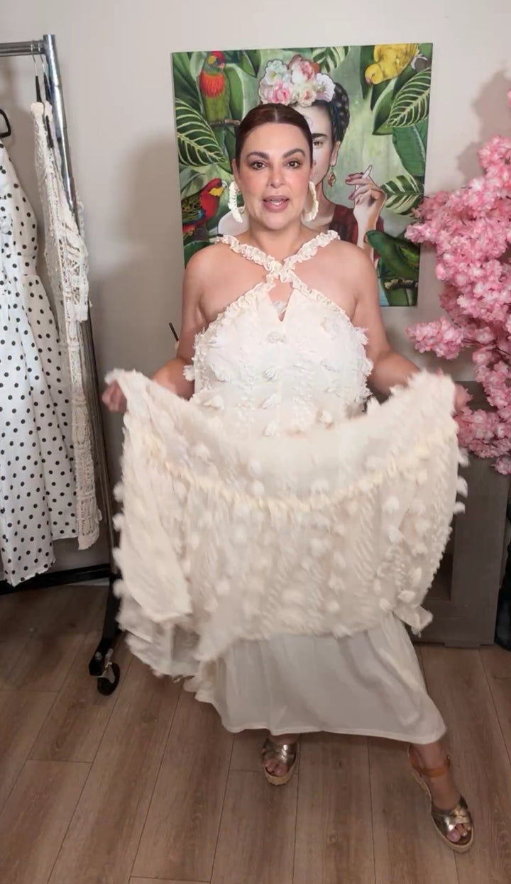 Vestido Beige Cruze Frontal 3D Flores Maxi (#128)