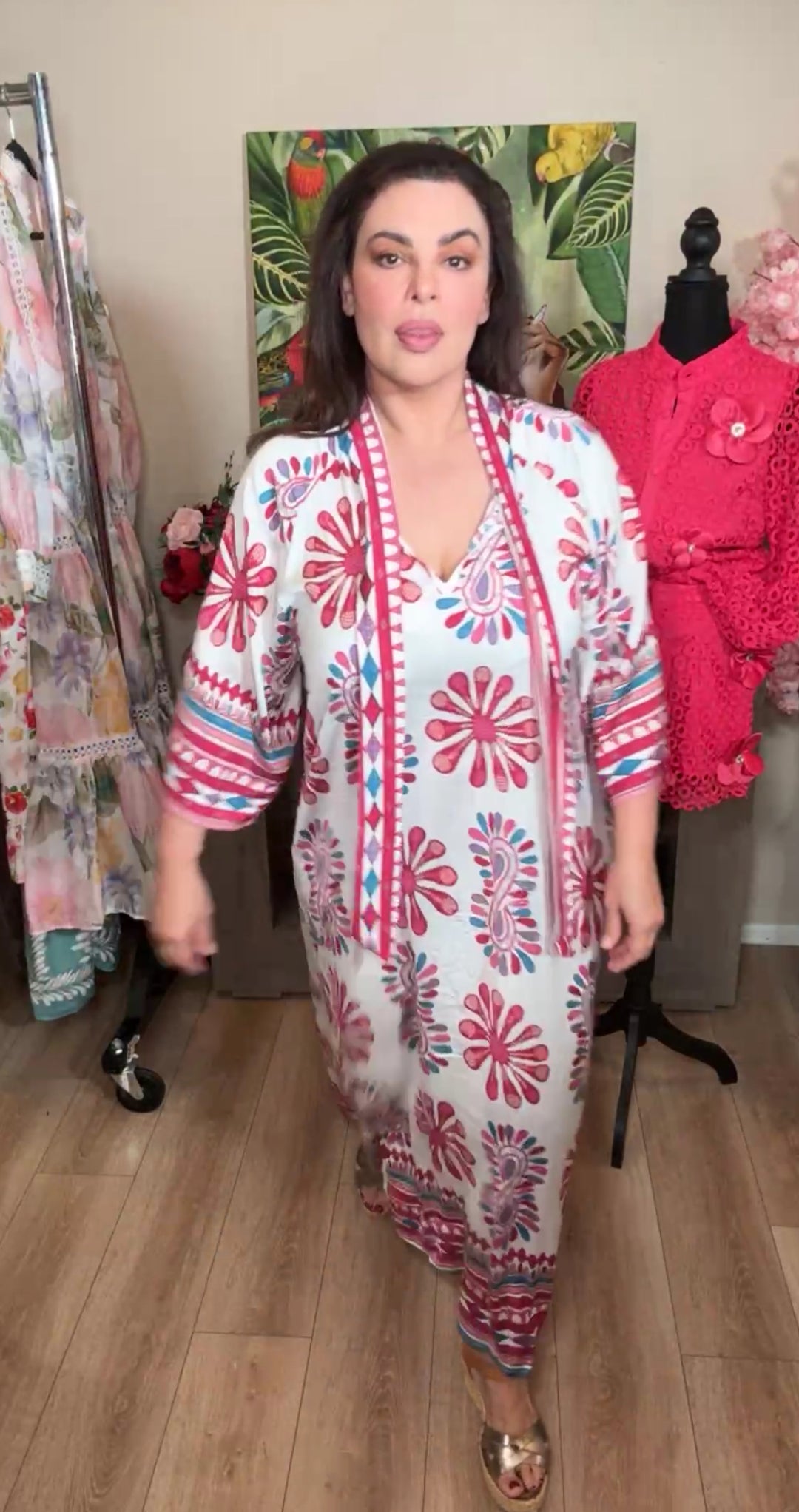 vestido blanco y magenta kaftan satinado maxi (#142)