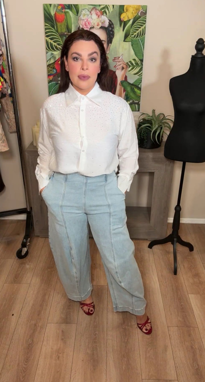 Camisa Blanca Con Pedreria Corte Relax (#110)