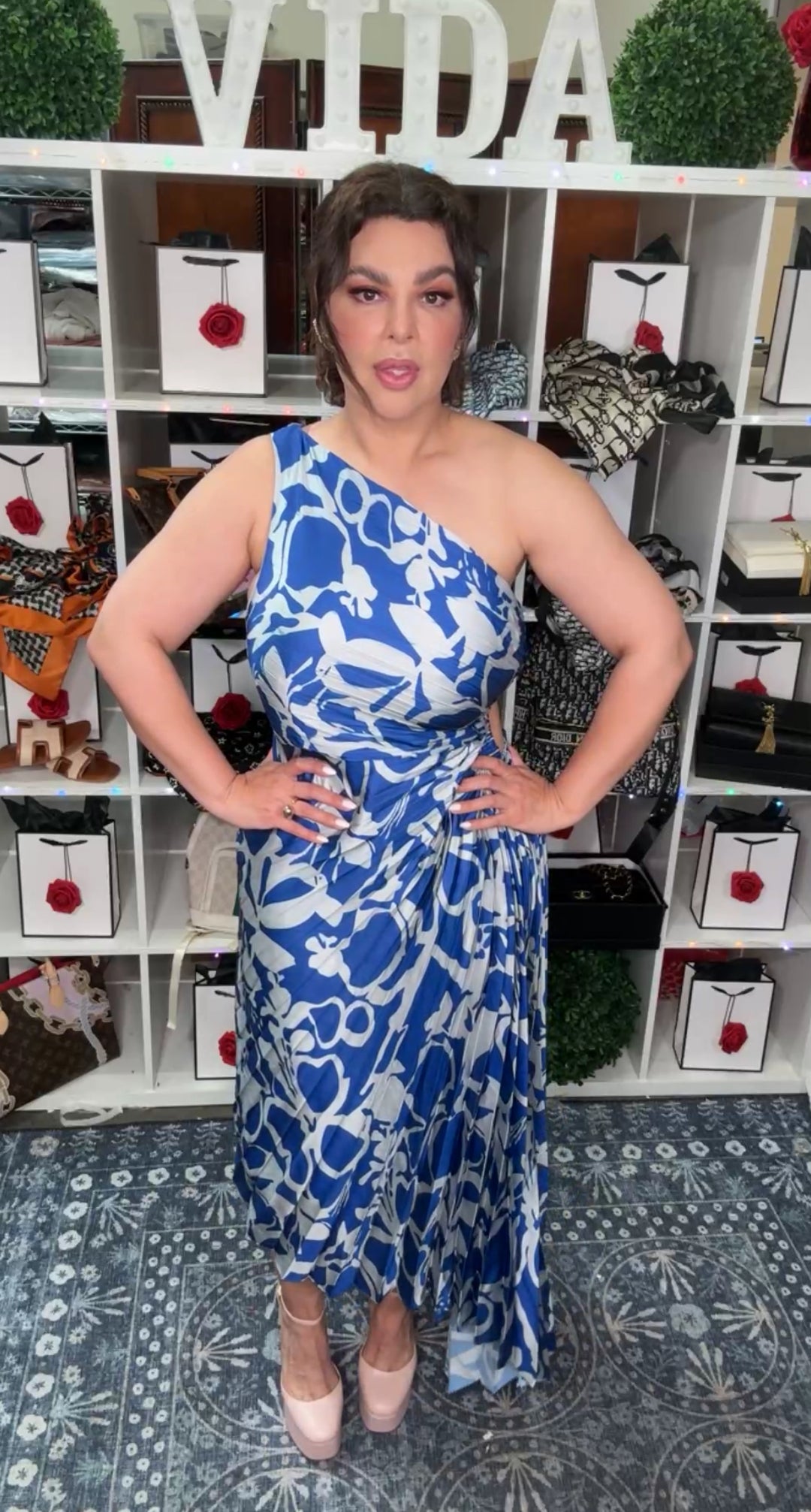 Vestido Azul Royal y Cielo Plizado One Shoulder (#348)