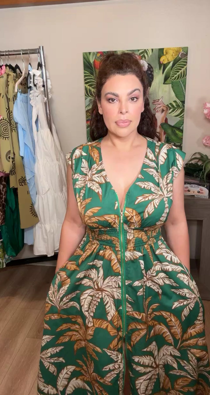 Vestido Verde Hojas Mocha Tropical Cintura Elástica Y Bolsas Midi (#138)