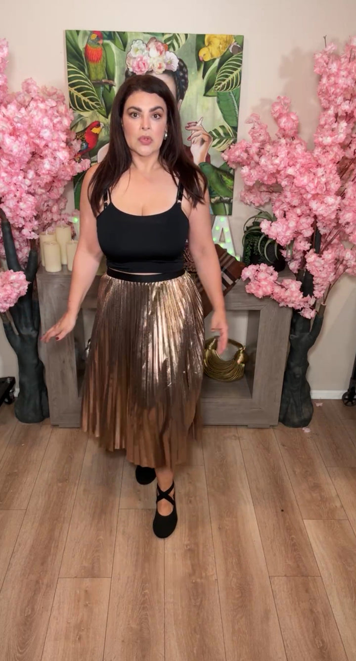 Falda Bronze Plizada Metálica con Cintura Elástica