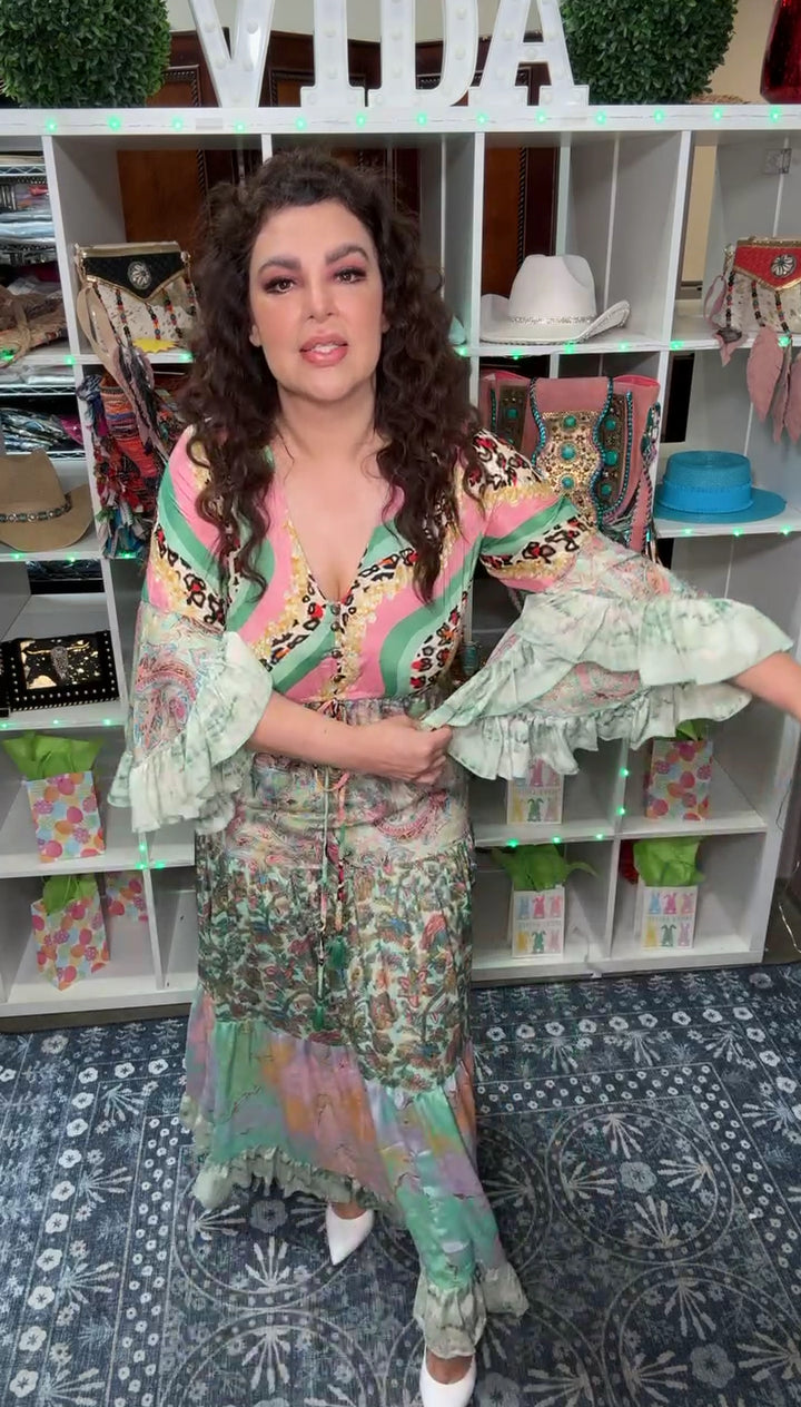 Vestido Verde y Rosa Pasteles Animal Print Maxi Bohemio (#196)