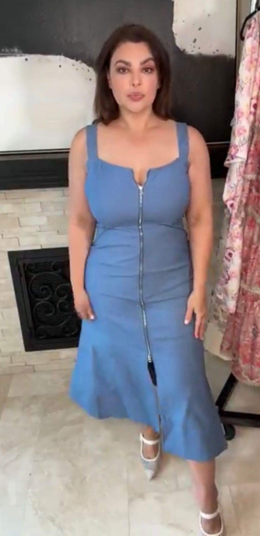 Vestido azul mezclilla zipper plata al frente midi (