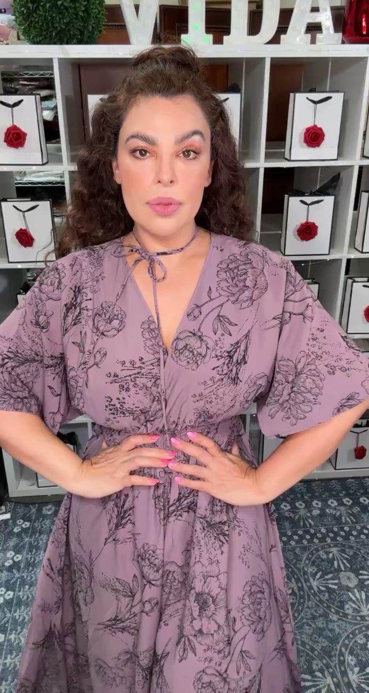 Vestido Morado Uva Floral Maxi Cintura Stretch