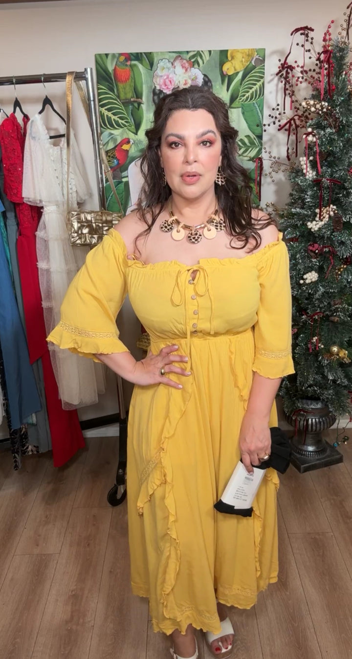 Vestido Mostaza Vaporoso Cintura Elastica Midi (#131)