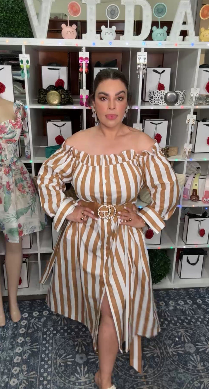 Vestido Café y Blanco Algodon Off Shoulder Lux (#376)