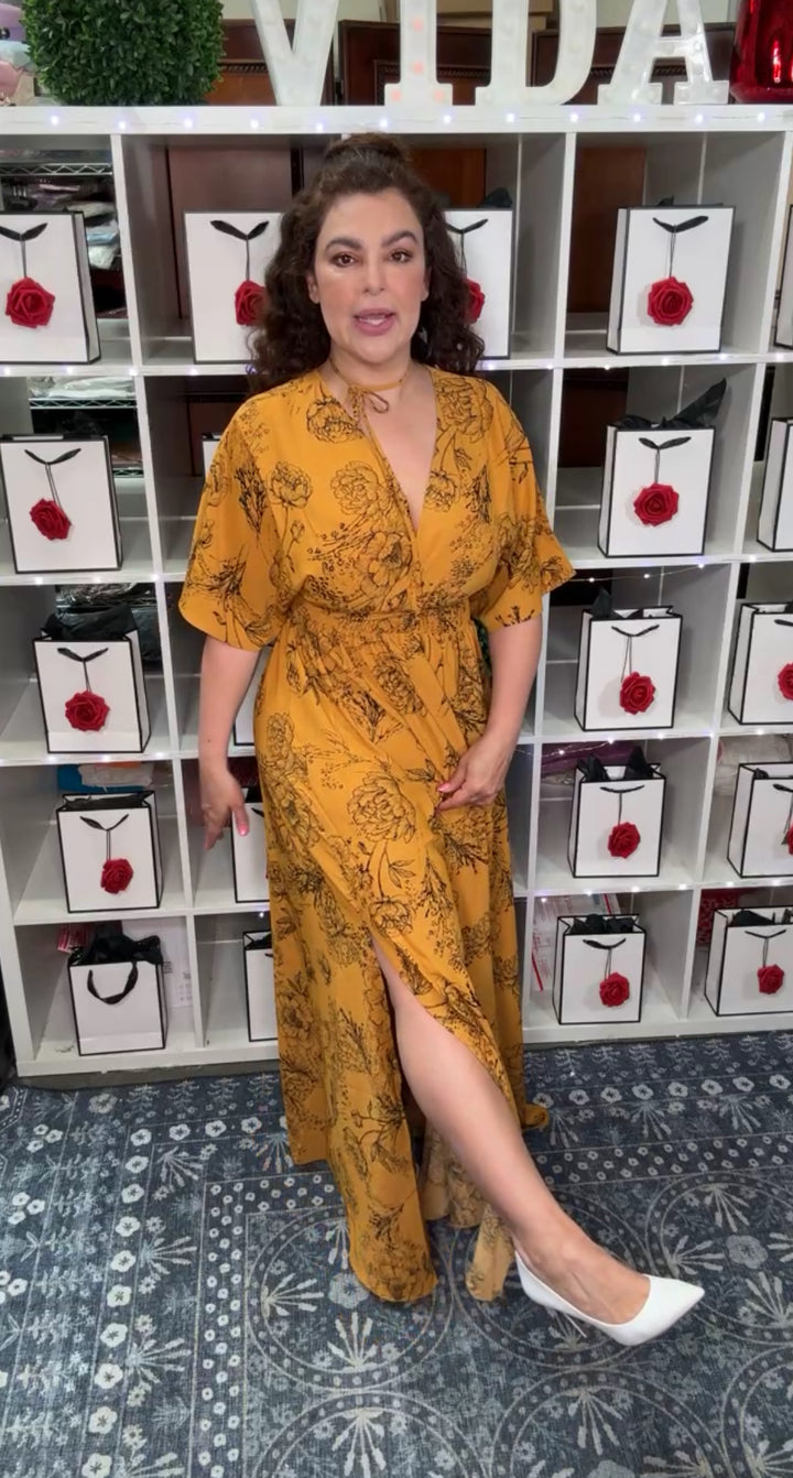 Vestido Mostaza Floral Maxi Cintura Stretch