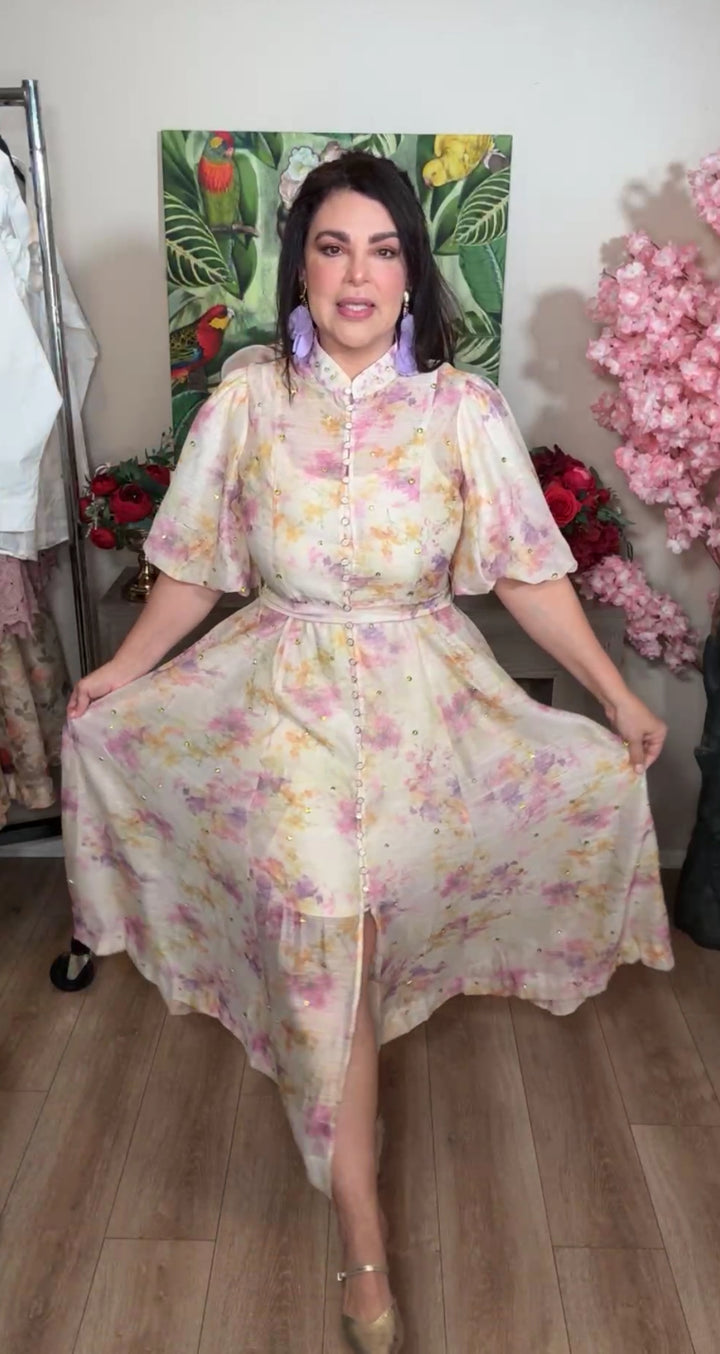 Vestido multi pasteles pedrería amarilla modelo lujoso romantico (#123)