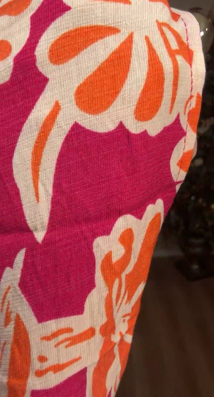 Vestido Rosa Hojas Naranja Nudo al Busto Midi (#428)
