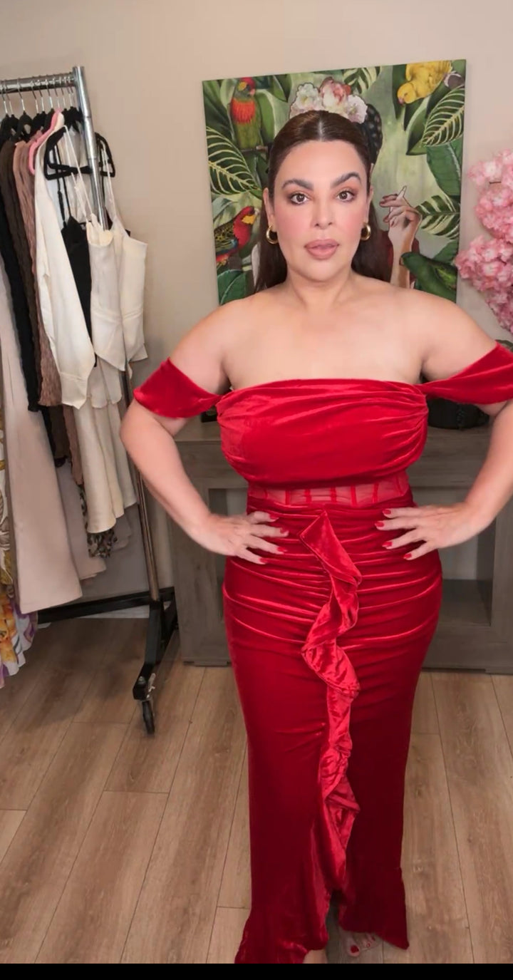 Vestido Rojo Terciopelo Bustier En Transparencia Maxi Gala (#153)