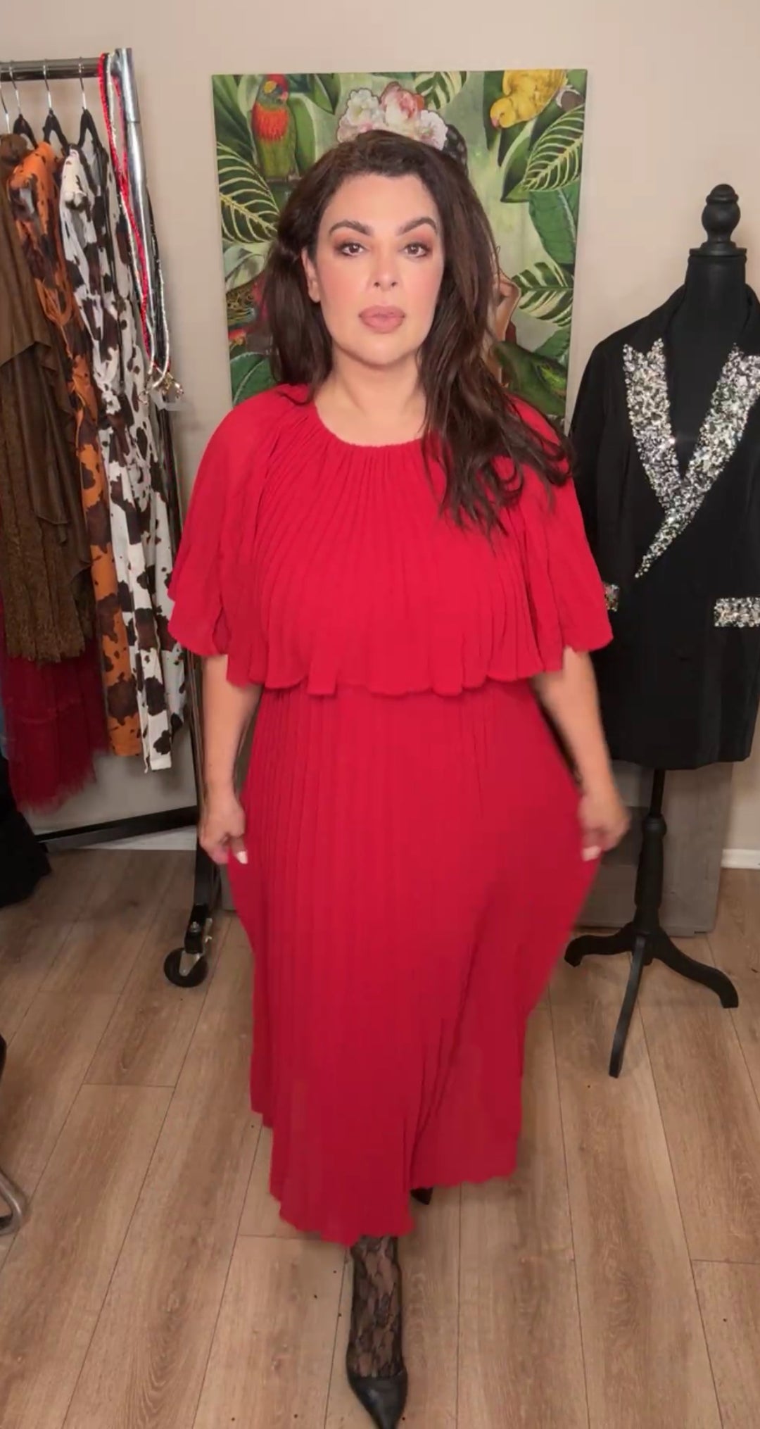 Vestido Rojo Quemado Plizado Capa Chiffon (#138)