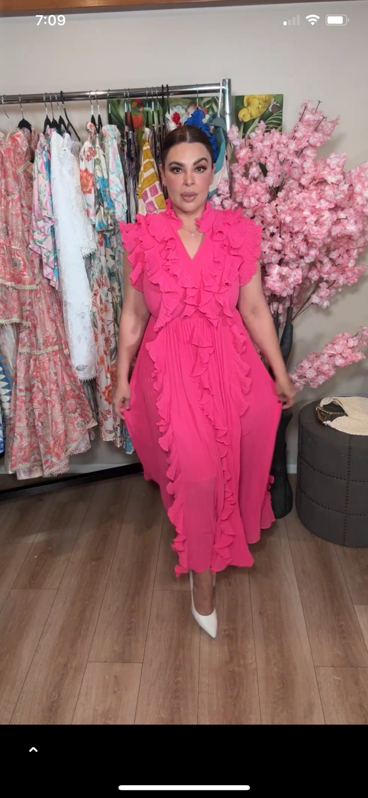 Vestido rosa fuschia plizado chiffon ruffles maxi (
