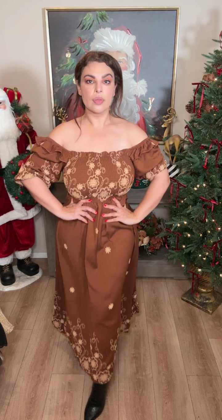 Vestido café chocolate y mocha off shoulder midi (#142)