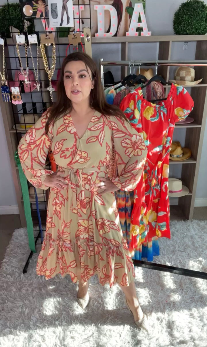 Vestido Olivo Flor Roja Suelto Midi (#279)