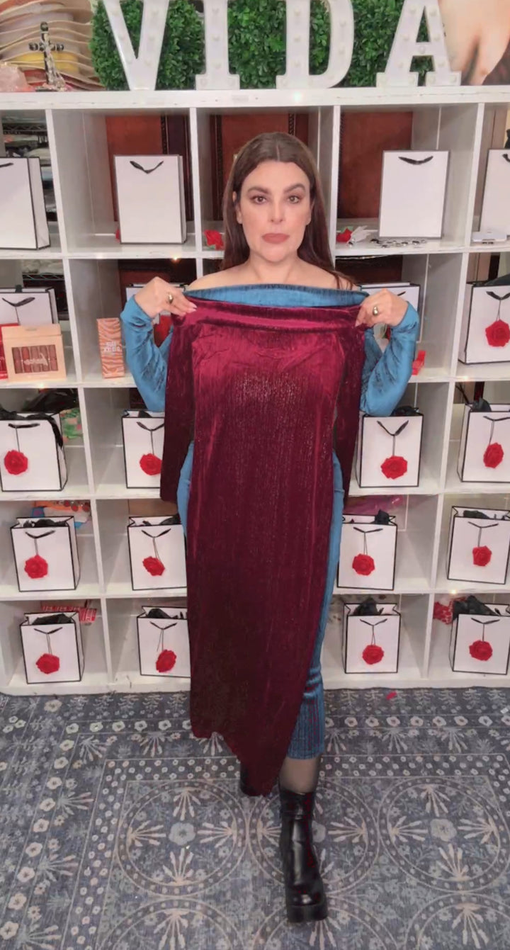Vestido Morado Plum Terciopelo Off Stretch Hilo Plata (#180)
