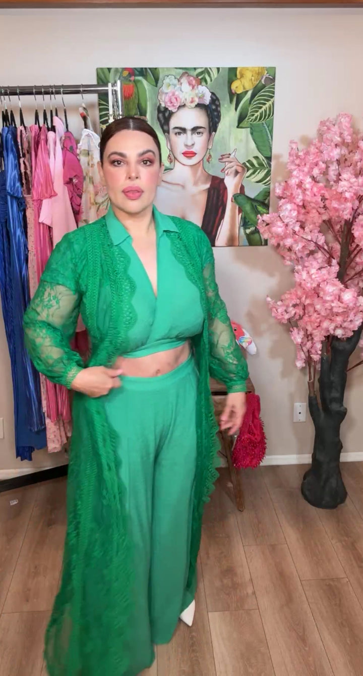 Set Verde Palazzo Top Crossed Linen Mix (#149)