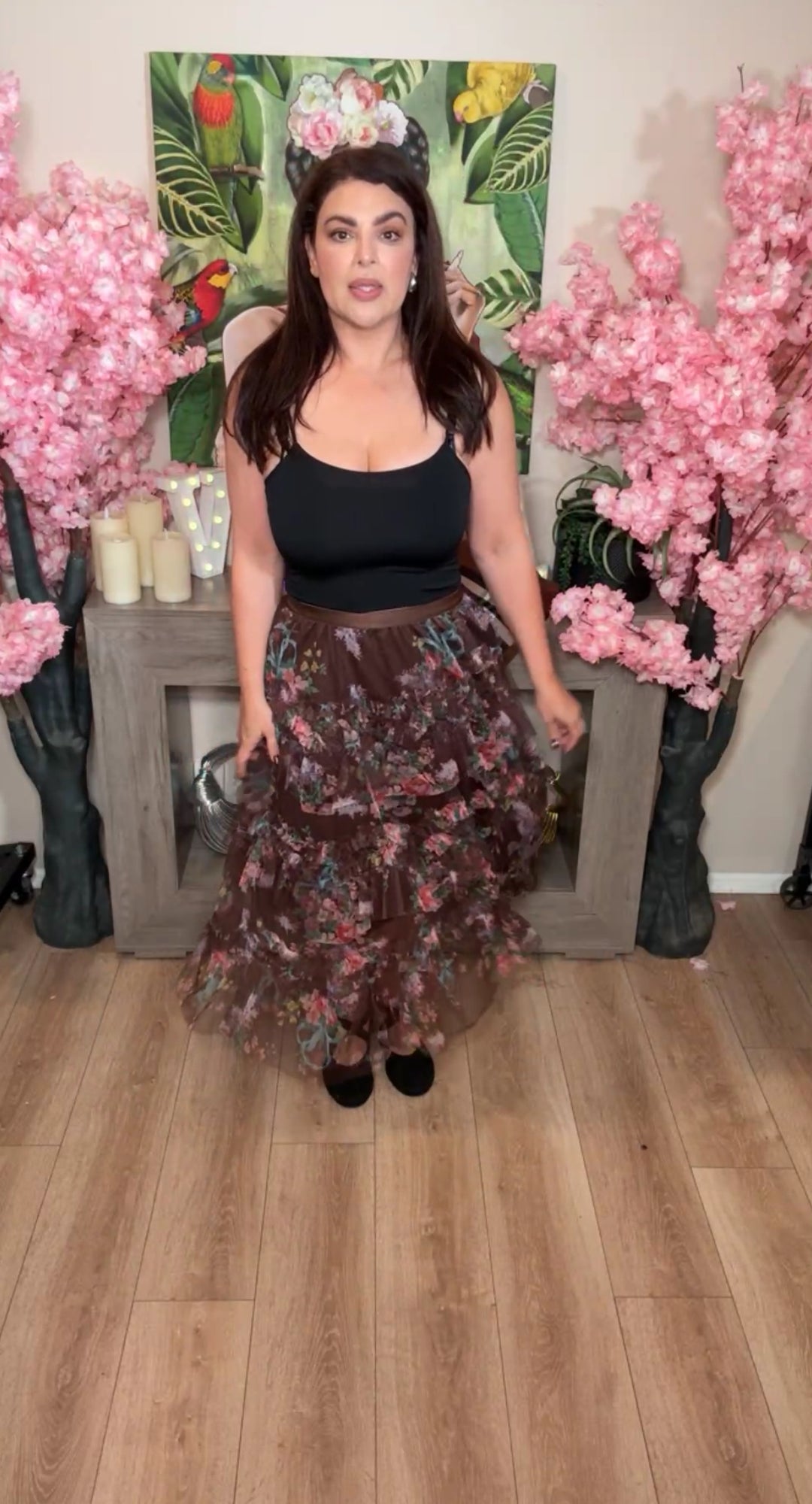 Falda Café Estampado Floral Tulle Stretch (#113)