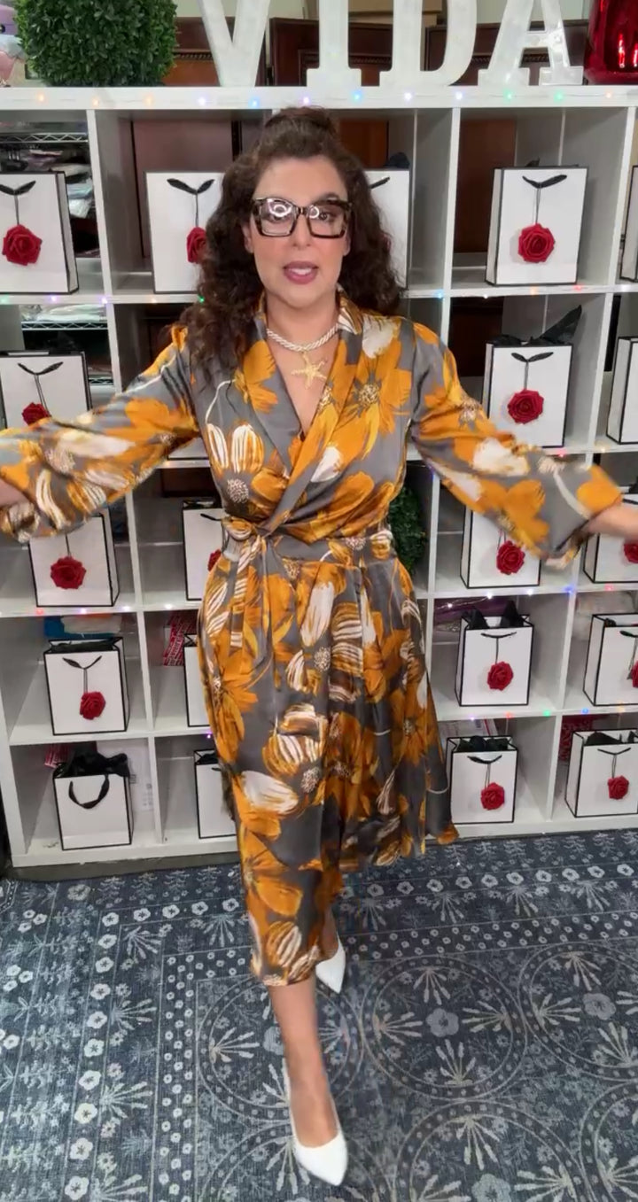 Vestido Gris y Mostaza Floral Satinado Wrap Midi (#139)