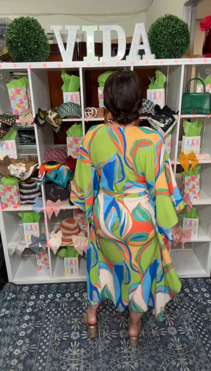 Vestido Verde y Naranja Kaftan Cuello V (#252)
