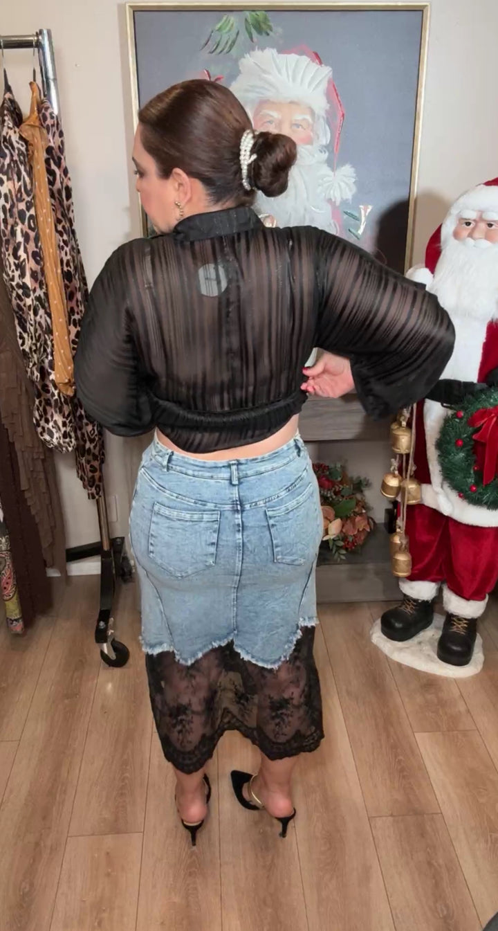 Falda azul mezclilla aplicacion encaje bajo stretch midi (#117)