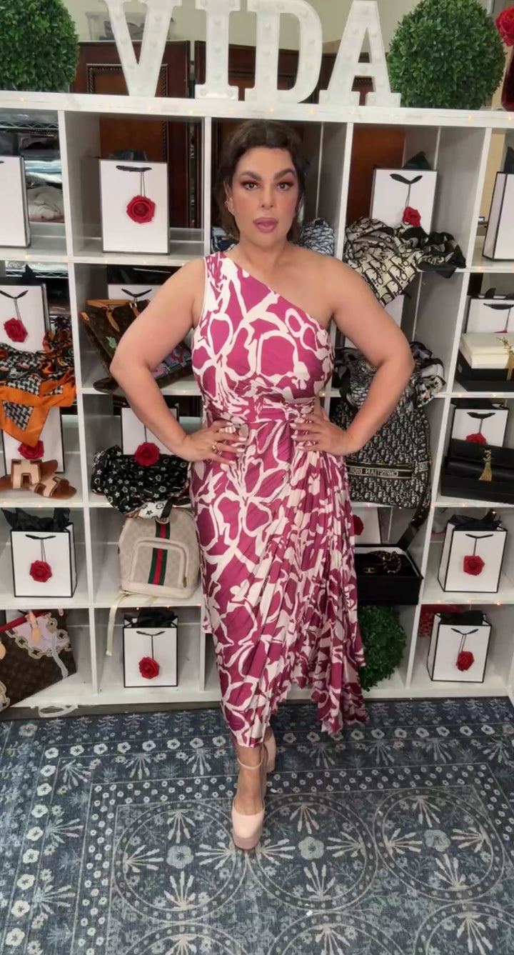 Vestido Morado y Beige Plizado One Shoulder (#151)