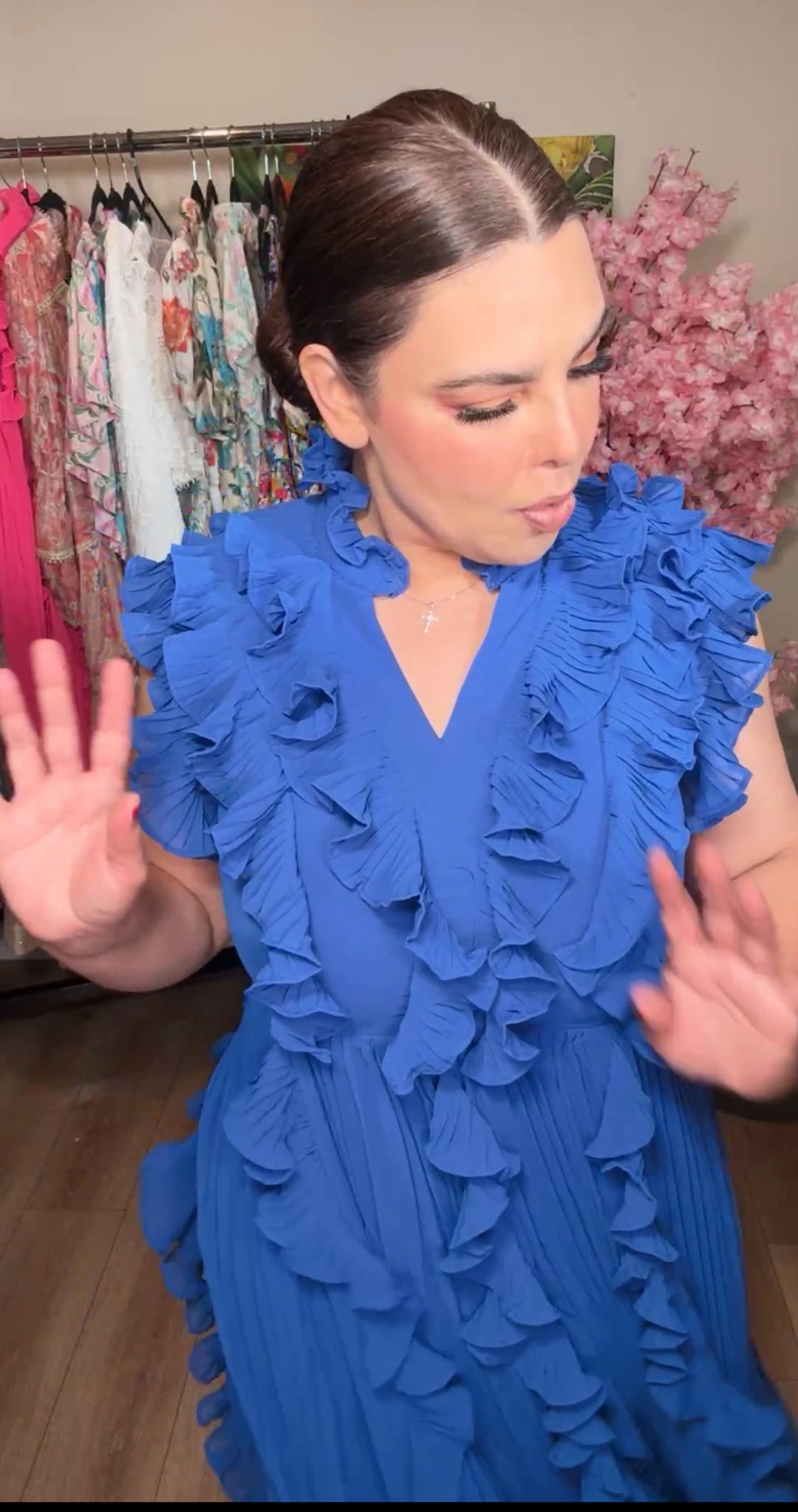 Vestido azul plizado chiffon ruffles maxi (