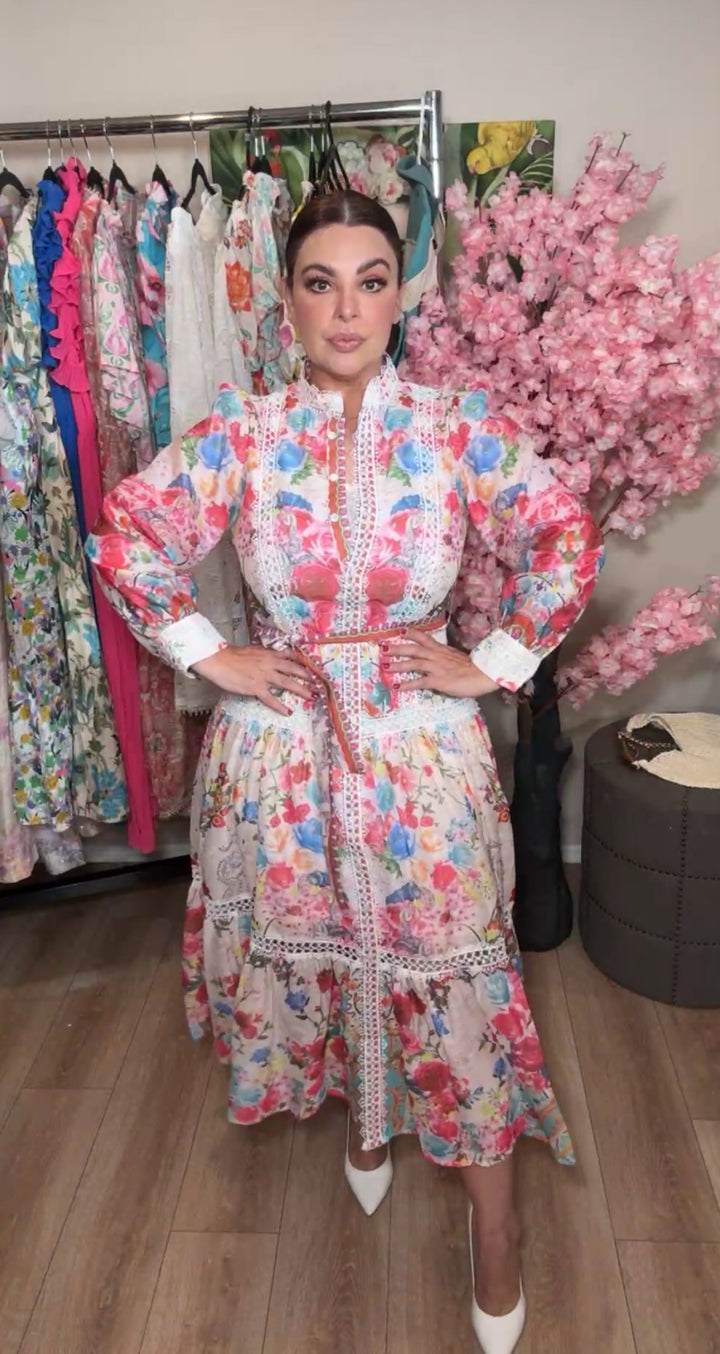 Vestido rosas multi floral maxi victoriano (