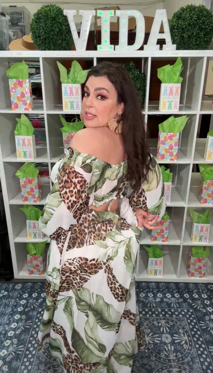 Vestido Blanco Tropical Estampado Leopardo Mocha Maxi (#164)