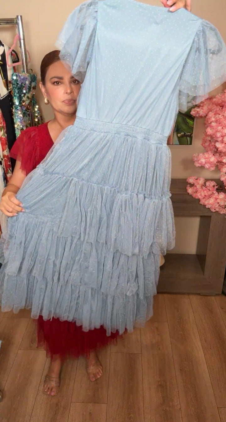 Vestido Azul Tulle Boleado 3 Layer Manga Princess (#115)