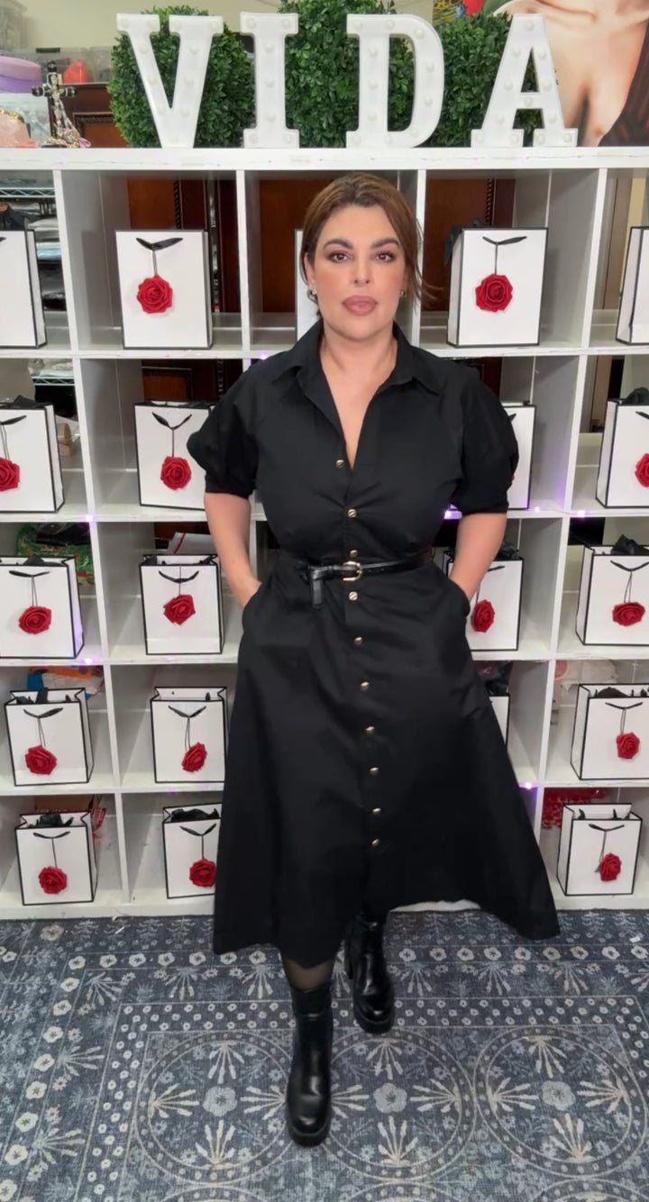 Vestido Negro Boton Oro con Cinto (#126)