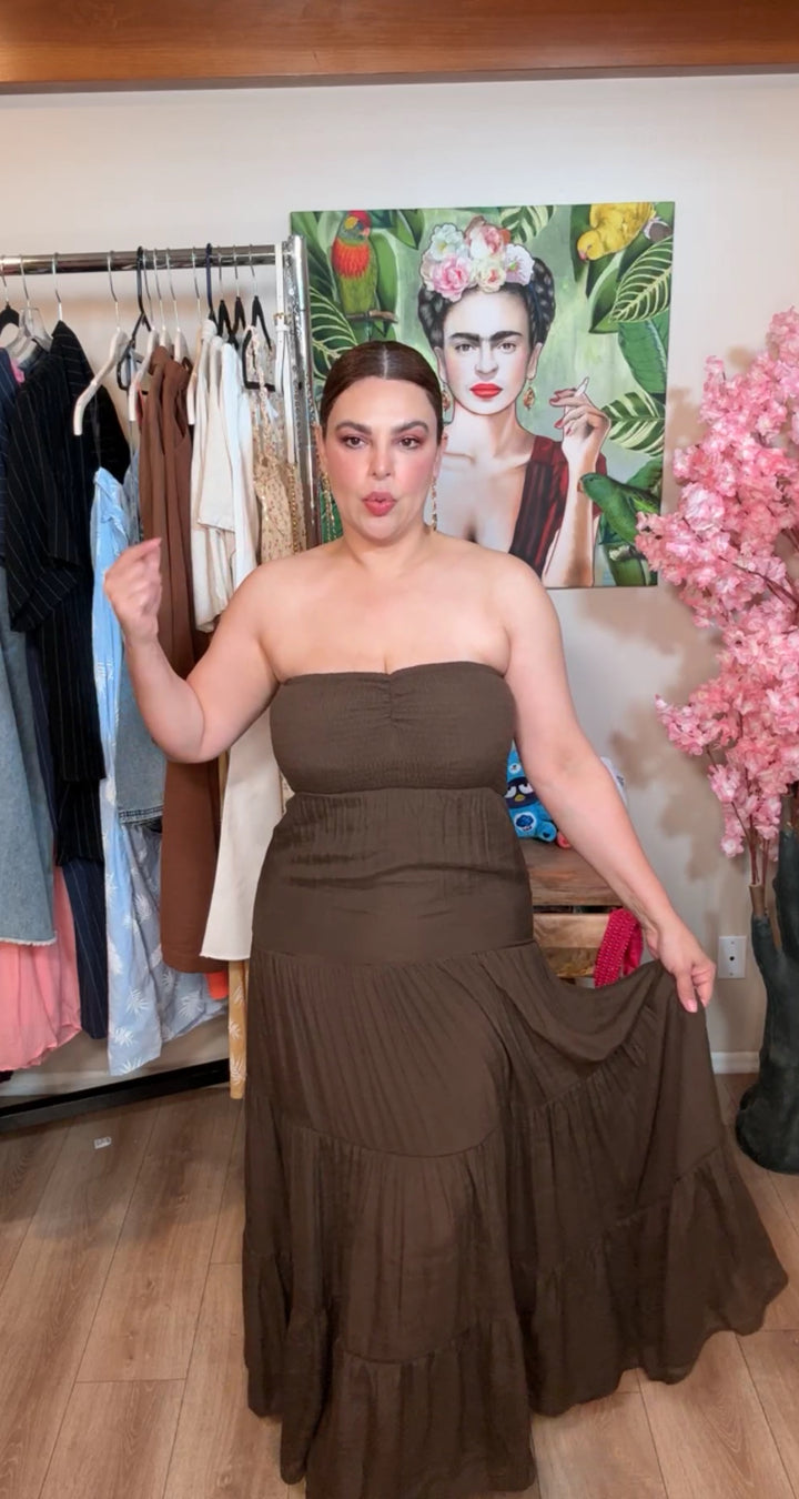 Vestido mocha strapless flowy linen (#182)