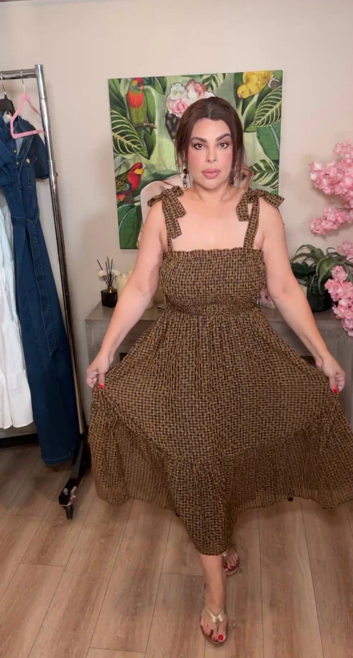 Vestido Café Y Negro Cuadrado Texturizado Top Elástico Con Monos (#130)