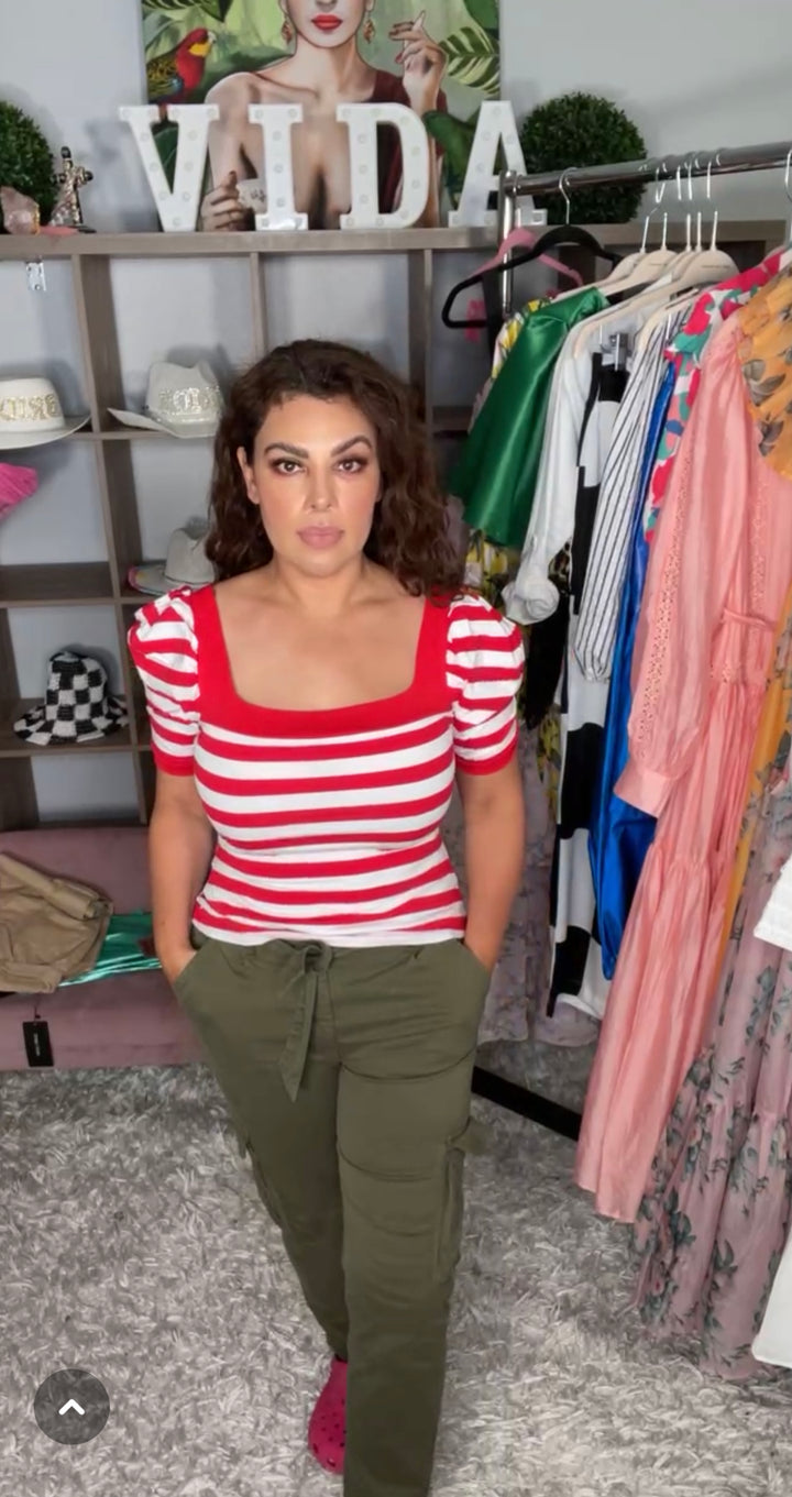 Blusa Roja y Blanca Rallas Manga Burbuja Stretch (#126)