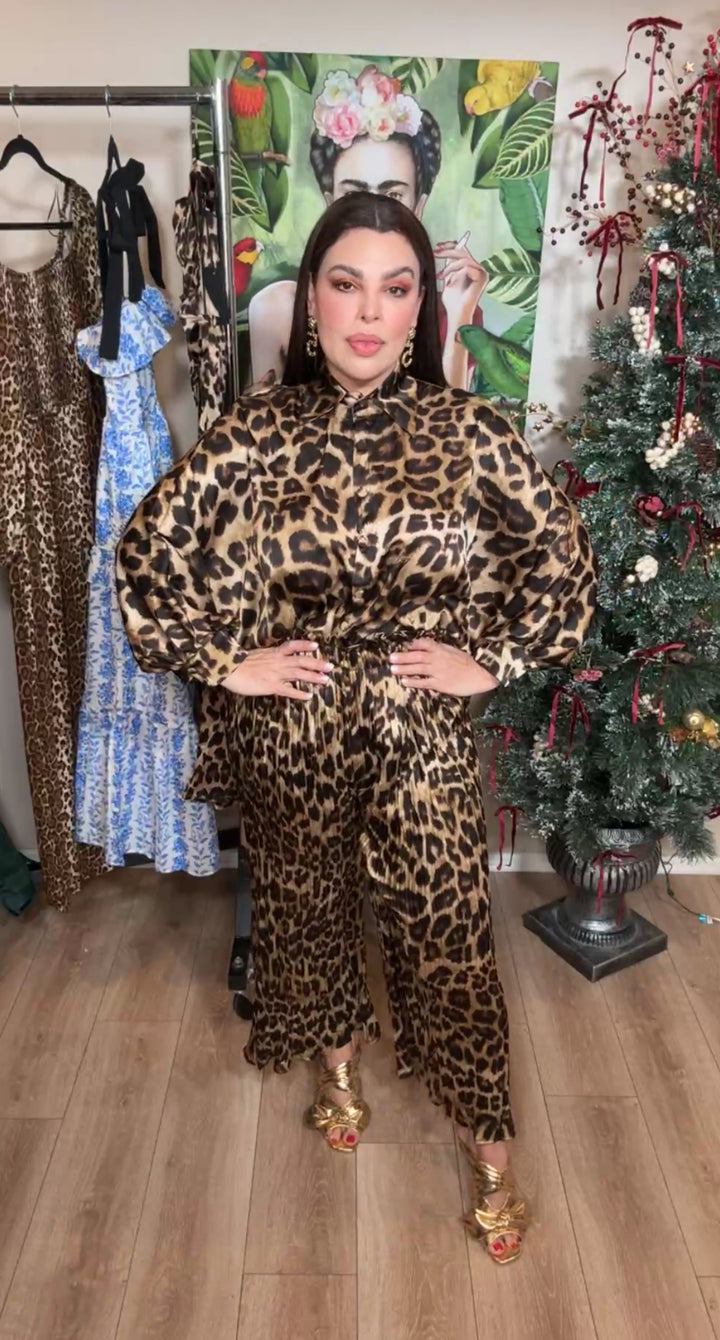 Set Cafe Leopardo Satinado Palazzo Plizado Loose Fit (#104)