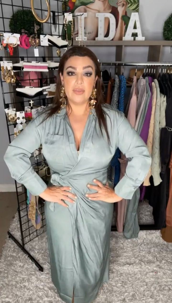 Vestido Olivo Wrap Rayon Satinado Midi Lux (#419)