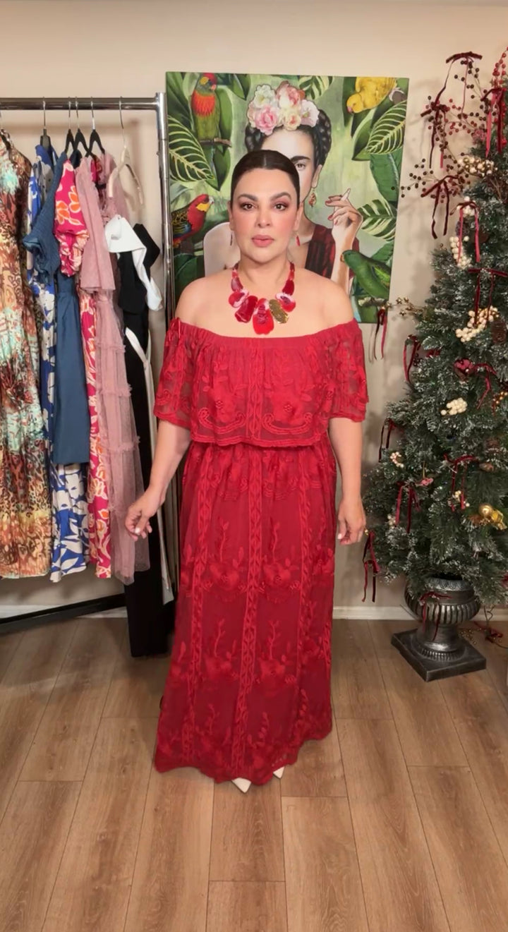 Vestido Rojo Crochet Cincha Elastica Maxi (#132)