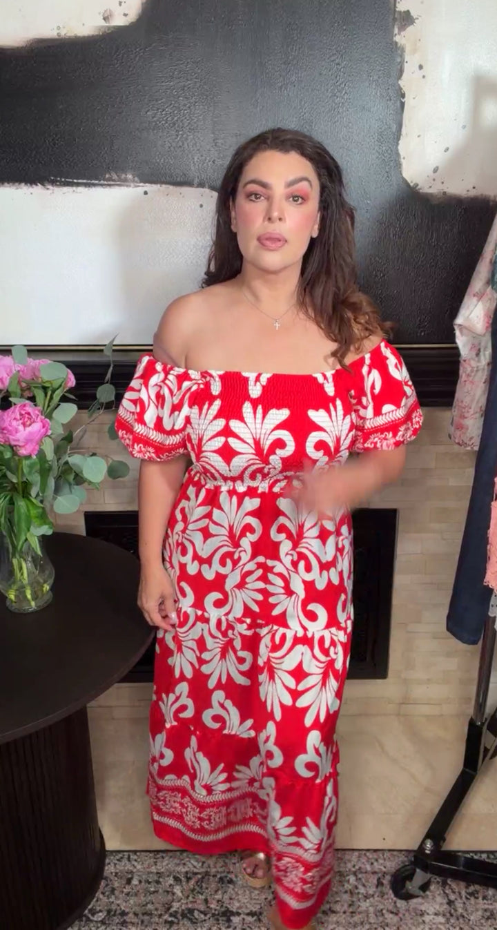 Vestido rojo y blanco floral fresco midi (
